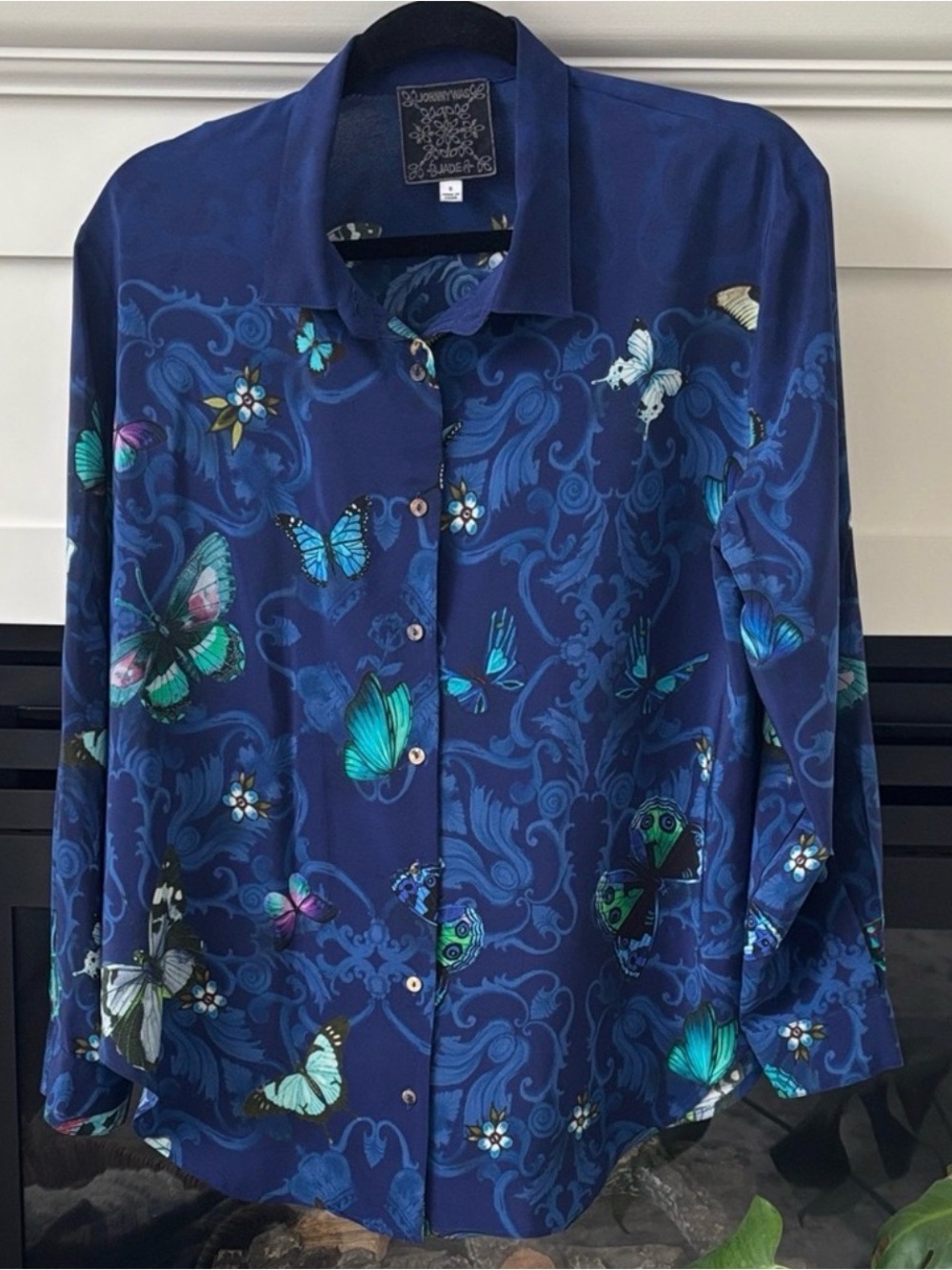 Johnny Was Navy Blue Butterfly Print Button-Up Blouse - Picture 2 of 5